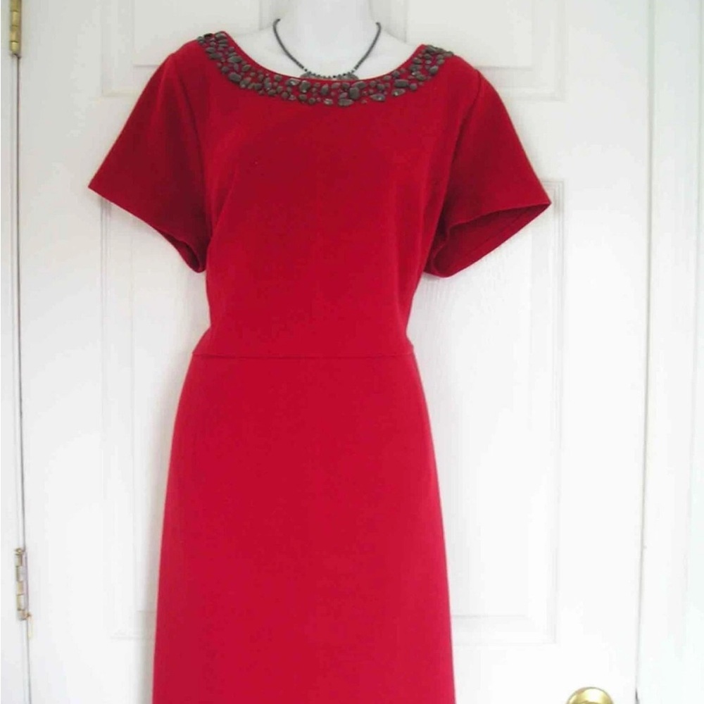 Talbot Beaded Ottoman Ponte Sheath Elegant Dress with Embellished Neckline